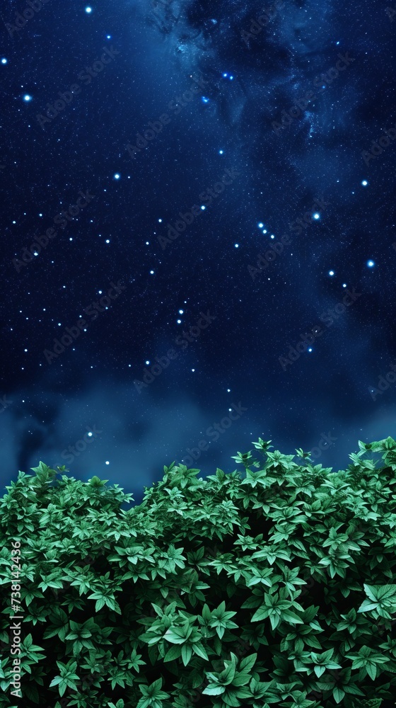 Night sky full of stars with dark blue background and green bushes in the foreground Night sky full of stars with dark blue background and green bushes in the foreground