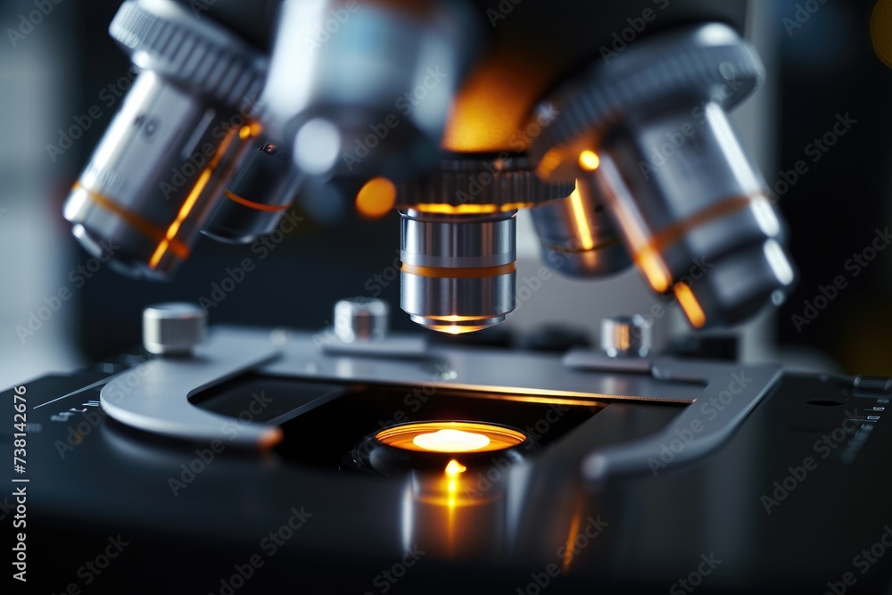 A detailed view of a microscope with lights, capturing the intricate technology and precision used in scientific research, Close-up of a cell under a high-tech microscope, AI Generated A detailed view of a microscope with lights, capturing the intricate technology and precision used in scientific research, Close-up of a cell under a high-tech microscope, AI Generated