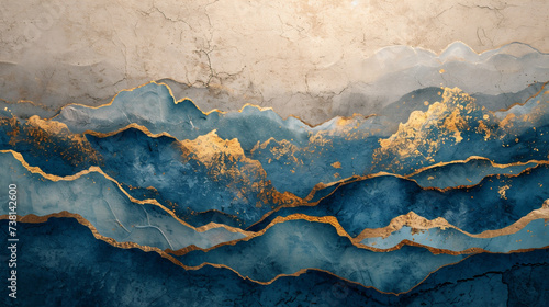 Abstract painted decorative landscape background with golden elements, modern pastel coloured texture. Chinese aesthetic vibes creative blue and gold background for greeting cards, wallpapers