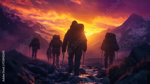 A group of hikers walk through a mountain pass at sunset photo
