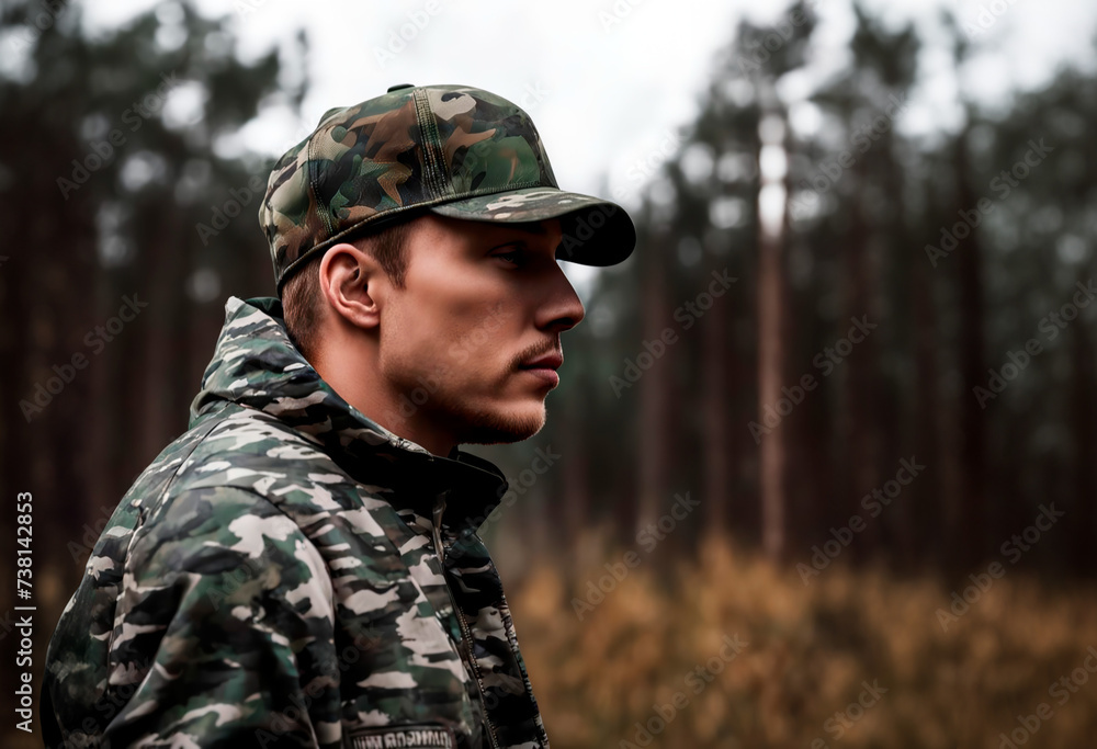 Side view of a man in a cap and camouflage clothing in the forest. Hunter, military, soldier, huntsman.