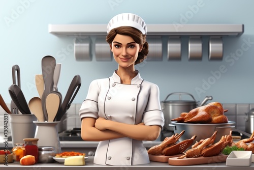 A female chef is standing in a kitchen with a roasted turkey on the table. photo