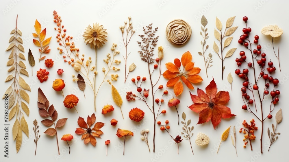 An assortment of pressed flowers and leaves in fall colors arranged on a white background - obrazy, fototapety, plakaty 