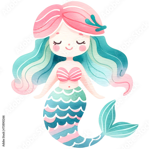 Cute watercolor mermaid clipart with transparent background