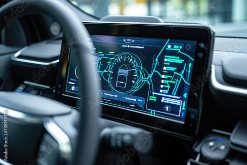 High-Tech Dashboard With Touch Screen in a Car, Close-up shot of an electric vehicle dashboard charging screen, AI Generated photo