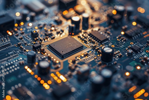 This close up view showcases the intricate circuitry and components of a computer motherboard, Close-up view of a circuit board, AI Generated