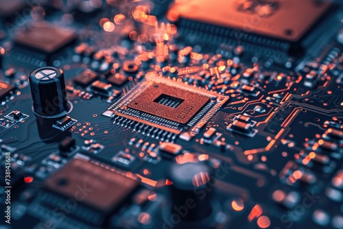 This photo shows a detailed view of a computer motherboard, highlighting the intricate network of integrated circuits and capacitors, Close-up view of a circuit board, AI Generated photo