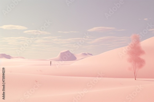 A minimalistic pastel pink wallpaper with a person alone in the world