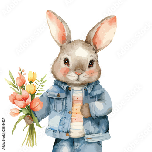 Watercolor photo of Spring Bunny holds flowers 