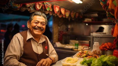 
photo Nat geo quality of a Mexican man selling valentines day tacos in mexico city photo