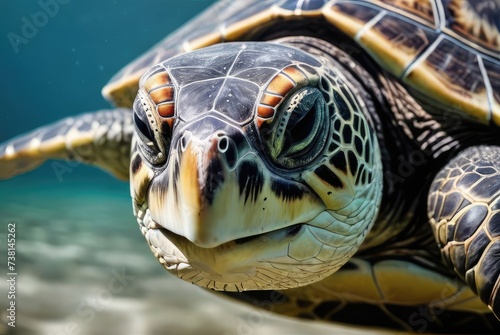 close up portrait of sea turtle swimming in the sea