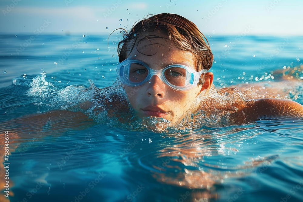 A teenage boy swimming in the ocean, captured in a dynamic water level ...