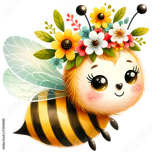 Cute floral bee watercolor clipart with transparent background