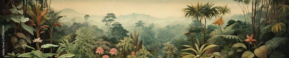 Lush jungle landscape in watercolor style. Lush jungle landscape in watercolor style.