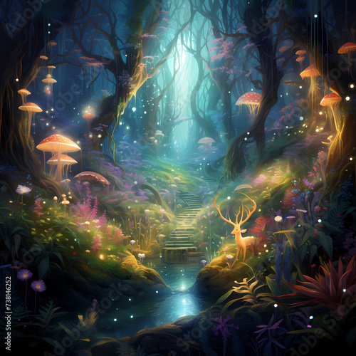 An enchanted forest with magical creatures and glowing plants.