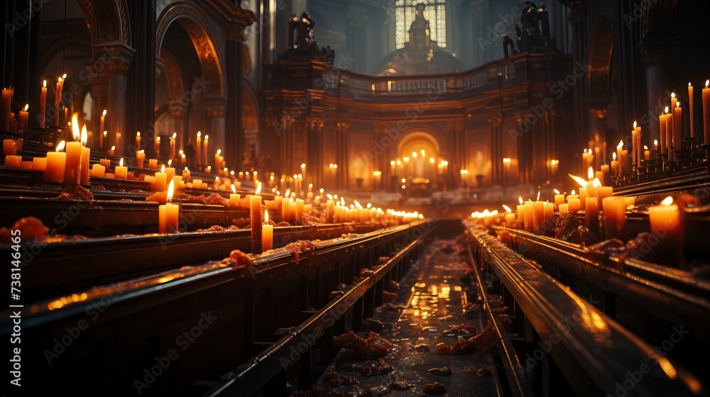 Candlelit Church interior: A scene of a candlelit church, creating a reverent atmosphere.