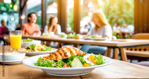 Salat mit H  hnchenstreifen  im Hintergrund ein Restaurant mit G  sten 