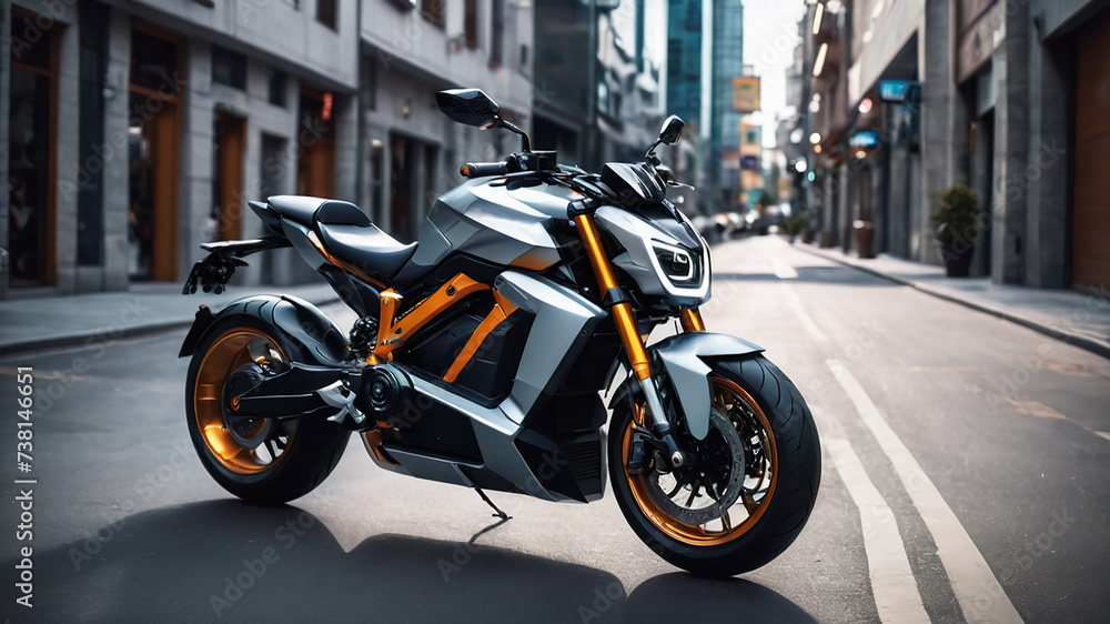 New electric motorcycle with futuristic design on the street in city