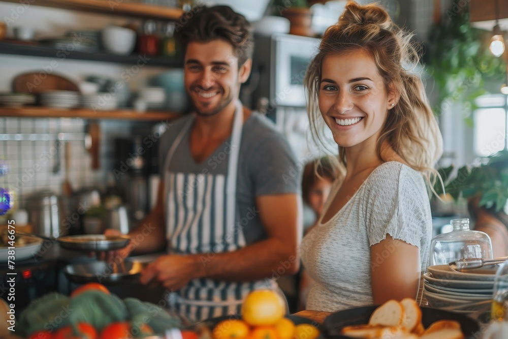 An engaging couple stands in a contemporary kitchen, prepping food with smiles on their faces