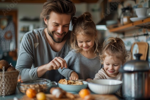 Smiling dad in a modern kitchen prepares food with his two young daughters  illustrating a happy family