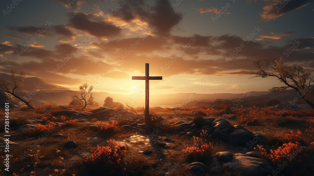A serene depiction of a cross against a beautiful sunrise. - obrazy, fototapety, plakaty 