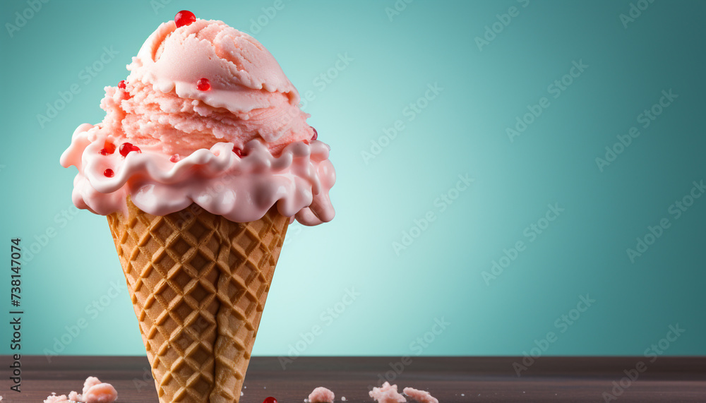Indulgent gourmet dessert strawberry ice cream on a waffle cone generated by AI Indulgent gourmet dessert strawberry ice cream on a waffle cone generated by AI