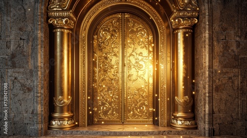 Background of a golden door made of pure solid gold in a luxurious environment Generative AI Illustration photo