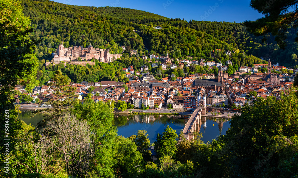 Panorama of the historic old town of Heidelberg am Neckar in Baden-Württemberg, Germany on a beautiful summer day. Castle, bridge, churches and other listed buildings seen from the Philosophenweg.