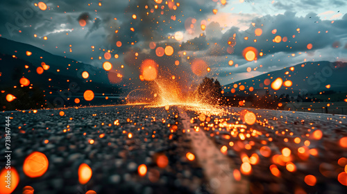 An asphalt road in the middle of nowhere with fire flame and spark effects Generative AI Illustration
