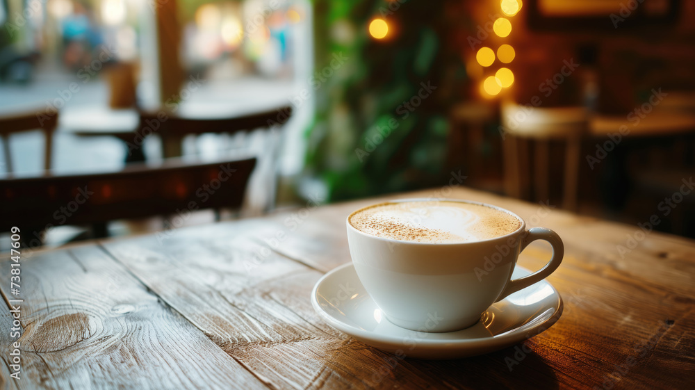 A cup of aromatic cappuccino coffee with foam, on wooden table in a cafe with cozy interior at the background