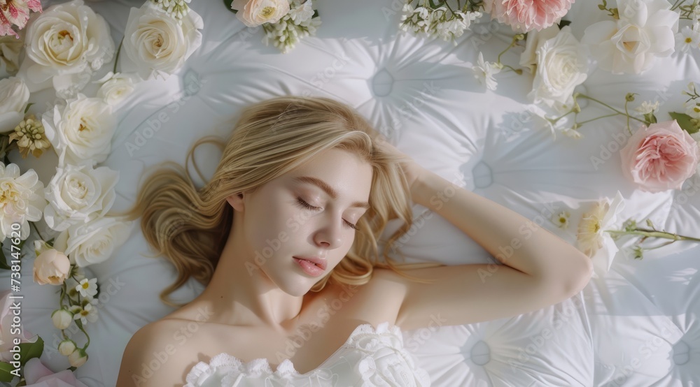 a woman laying in a bed of flowers with her eyes closed and her head resting on her hands behind her head. a woman laying in a bed of flowers with her eyes closed and her head resting on her hands behind her head.