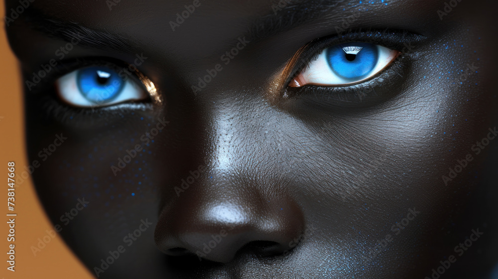 a close up of a woman's face with blue and black paint on it's face and eyes.