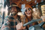Excited couple sharing a smile while driving a classic van, showcasing fun and adventure