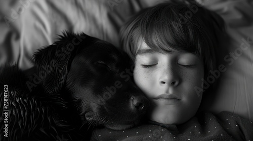 a black and white photo of a child and a dog sleeping on a bed with their heads on each other. photo