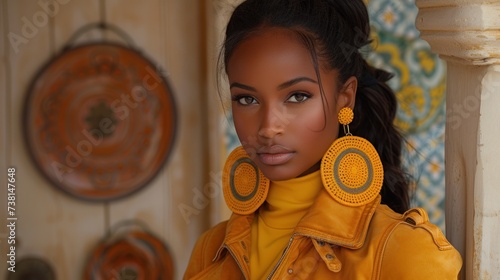 a close up of a person wearing a pair of large yellow earring's and a yellow leather jacket. photo