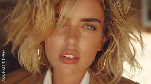 a close up of a woman with blonde hair wearing a brown jacket and a white shirt and gold hoop earrings. photo