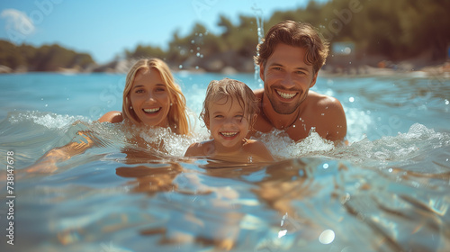Family enjoying aquatic leisure in the ocean water, smiling and happy