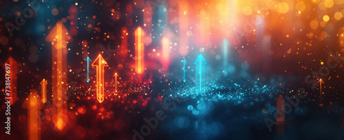 A colourful, orange and blue background with arrows pointing upward