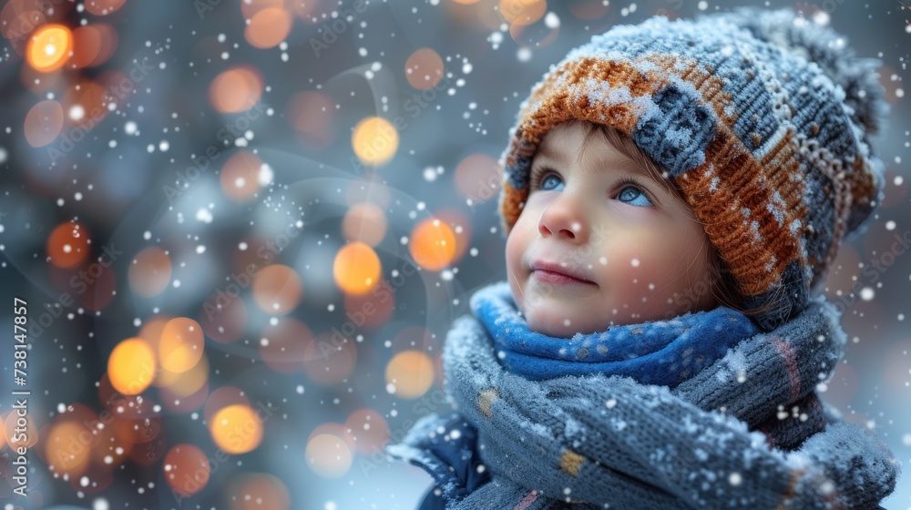 a little boy wearing a knitted hat and scarf in the snow with a blurry boke of lights in the background. a little boy wearing a knitted hat and scarf in the snow with a blurry boke of lights in the background.