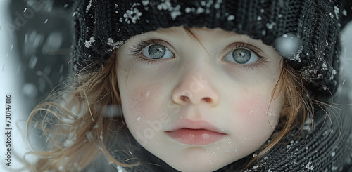 a close up of a child's face wearing a hat and scarf with snow flakes on the top of it. photo