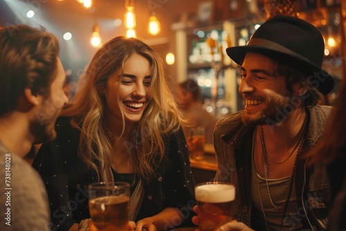 Engaged group of friends enjoying beer and cheerful conversation in a warmly-lit bar