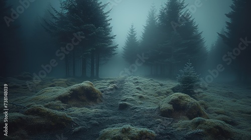 a foggy forest filled with lots of trees and a patch of grass on the ground covered in patches of snow.