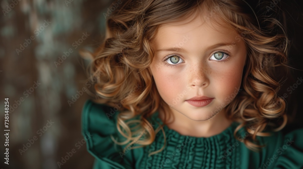 a close up of a child's face with curly hair and a green dress and green eyeshadow. a close up of a child's face with curly hair and a green dress and green eyeshadow.