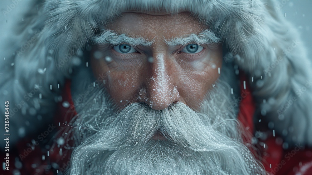 a close up of a man with a beard and a santa claus suit on, with snow falling all over his face.