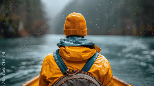 a person in a yellow jacket and a backpack in a boat on a body of water with trees in the background. photo