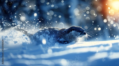a close up of a small animal in a body of water with snow on the ground and trees in the background. photo