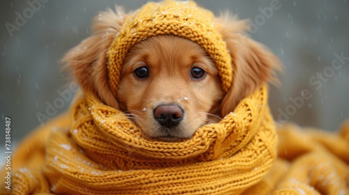 a close up of a dog wearing a yellow scarf and a knitted hat with a nose ring and nose ring. photo