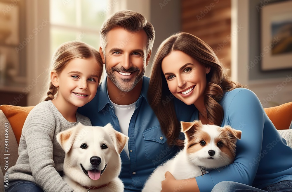 Illustration of a happy family together with their pets. Illustration of a happy family together with their pets.