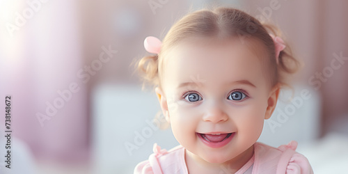 Cute little blond baby girl in cozy nursery. Banner with copy space. Shallow depth of field.