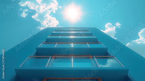 a tall building with lots of windows under a blue sky with a sun shining through the clouds in the background. photo